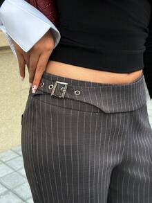 SHEIN EZwear Calça Flare Casual Listrada Tecida Cinza para Mulheres - Chumbo - Visão 4