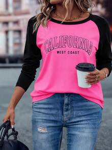 EMERY ROSE Women Plus Size Letter Pattern Color Block Raglan Sleeve Casual T-Shirt, Autumn Graphic Tees Women Tops