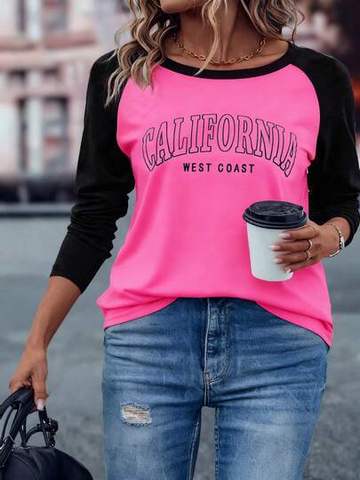 EMERY ROSE Kvinnor Plusstorlek Bokstav Mönster Färgblock Raglanärm Casual T-shirt, Höstgrafiska T-shirts Damtoppar