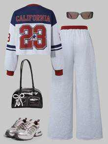 Sparklyn 2pcs/Set Teenage Girls Letter Print Pullover Pullover Sweatshirt & Straight Leg Casual Pants Sweatsuit - Grey - View 2