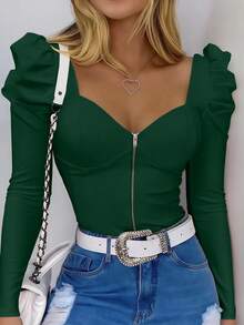 INAWLY 女士修身休闲性感开襟拉链羊腿袖长袖T恤 - 墨綠色 - 查看 3
