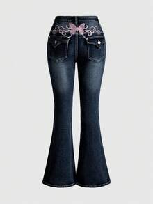ROMWE J-Fashion Women's Y2K Baddie Rhinestone Butterfly Wing Embroidery Distressed Rhinestone Embellished Jeans - Navy Blue - View 2
