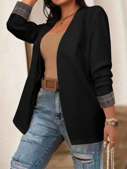 Elenzga Plus Size Women Thin Solid Color Patchwork Plaid Blazer