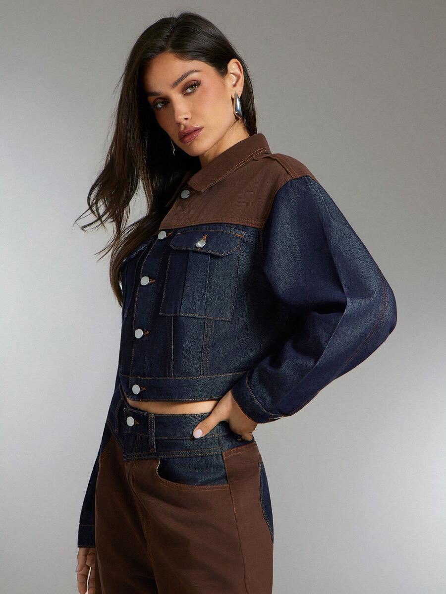Denimoi Áo khoác denim hai tông màu Colorblock thời trang cao bồi miền Tây mùa thu đông - Nhiều màu - Xem 1