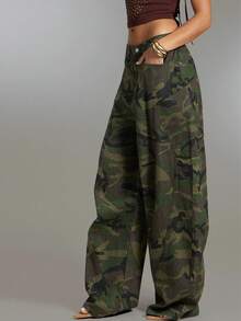Denimoi Oversized Pockets Wide Leg Baggy Boyfriend Jeans Streetwear Camo Jeans - Multicolor - View 3
