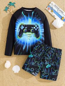 SHEIN Conjunto de tankini de 2 piezas con patrón que brilla en la oscuridad de videojuegos ajustado para niño preadolescente, adecuado para primavera/verano, vacaciones en la playa - Azul - Ver 8