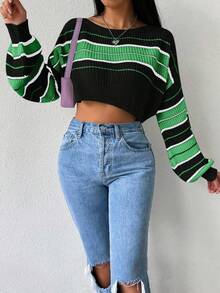 SHEIN Unity Suéter holgado de punto de cuello redondo de manga larga con rayas y corte cropped - Multicolor - Ver 4