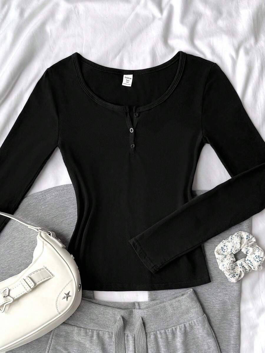 Teen Girls Black Striped Half Zip Casual Minimalist Knit Long Sleeve T-Shirt - Black - View 1