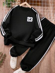 Vacaura 2 件套青少年男孩休闲学院风图案印花抽绳圆领运动衫套装，适合秋冬休闲、学校、运动装