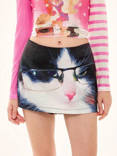 ROMWE Avant Jupe mini sexy à taille basse avec imprimé réaliste de chat mignon et bizarre Y2K pour femmes