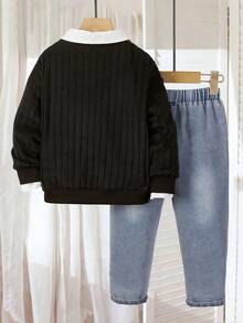 Genkimix Kids Autumn/Early Winter Navy Blue Knit Wide Ribbed 2-Piece Set, Top Is Navy Blue Knit Wide Ribbed Pullover Long Sleeve With Faux Pocket, Bottom Is Washed Denim Jeans With Distressed Details, Collegiate Style, Versatile For Various Occasions, Essential Basics - Black - View 3