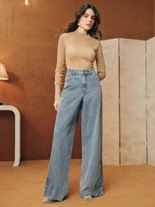 Anewsta 女士优雅刺绣镂空蓝色直筒裤，适合秋冬季约会穿着 - 藍色 - 查看 6