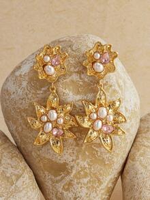 Opalesca 1件复古几何不对称耳环，欧式镶嵌不对称珍珠耳环，18K镀金S925银耳钉 - 金黃色 - 查看 5
