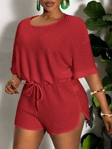 Slaydiva Conjunto informal de 2 piezas de talla grande con cintura con cordón y bajo con abertura, de unicolor, para verano - Rojo - Ver 5