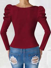 INAWLY Áo thun tay dài Raglan hở trước gợi cảm, vừa vặn, thoải mái, có khóa kéo - Màu Đỏ Sâu - Xem 2