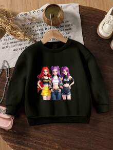 Young Girls' Christmas Cartoon Girl Group Graphic Comfortable Print Long Sleeve Sweatshirt, Suitable For Autumn/Winter, Lightweight And Cozy, Great For Layering In Fall, Fashionable Casual Wear, Graphic Design, Back To School Season, Autumn, Back To School Party, Suitable For Outdoor Picnic, Street Photography, Home, Campus, Holidays, Gift - Black - View 2