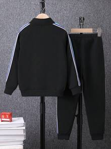SHEIN Vacaura 两件套男童休闲运动套装 - 长袖拉链夹克和裤子 - 黑色 - 查看 2