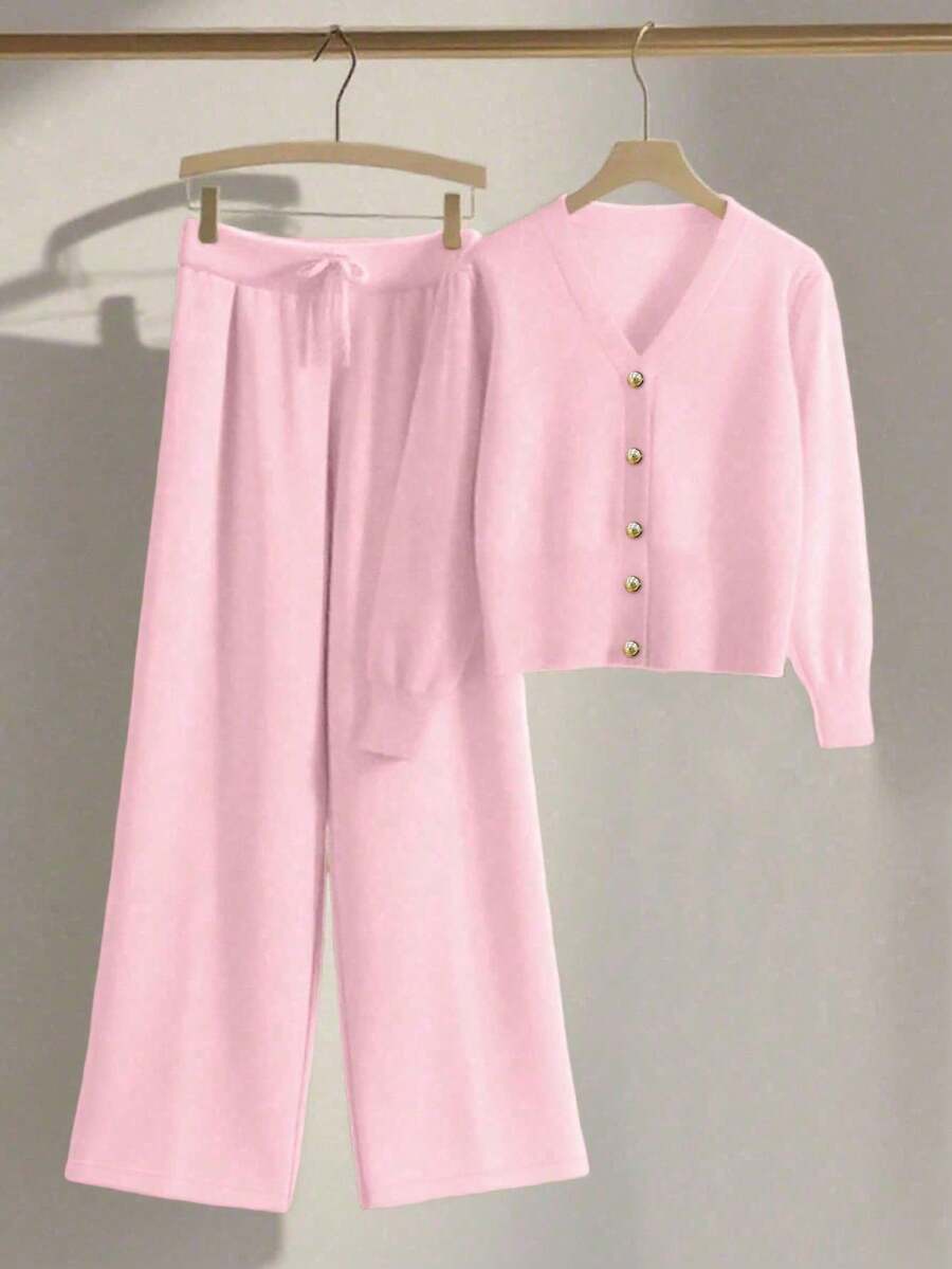 Franclia 2pcs/Set Women Casual Loose Knit Sweater & Pants Loungewear Set, Comfortable & Minimalist Design - Pink - View 1