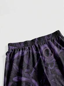 ROMWE Goth 加大码黑暗女巫禁忌植物叶刺藤蔓紫色深色裤子 - 黑色 - 查看 4