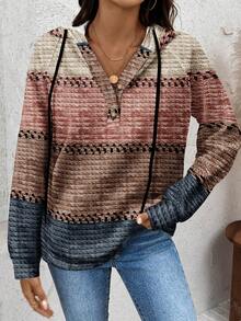 SHEIN LUNE 女士仿毛皮边饰连帽卫衣，柔软白色长袖纽扣衬衫上衣，适合秋冬季节穿着。这款时尚的女士白色长袖上衣，配有舒适的仿毛皮帽子和纽扣细节，适合日常穿着。 - 彩色 - 查看 3