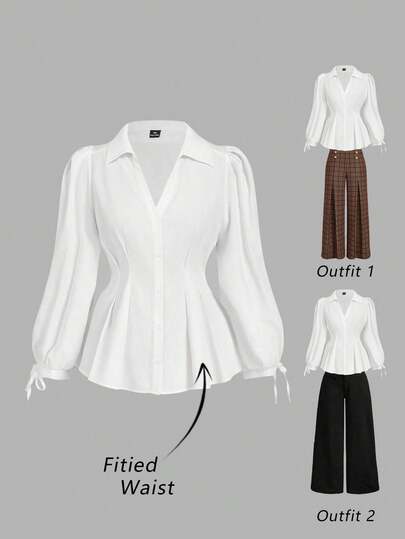 SHEIN MOD Women's Plus Size Elegant Long Sleeve Shirt, Fitted Waist Belt Puff Sleeve Blouse, Suitable For Women, Flattering Silhouette And Graceful Style, For Work Or Casual,Fall Clothes For Women, Striped Blouse, Fitted Blouse, Women Blouses And Shirts, Work Blouses, Casual Work Tops,White Top,Brown Dress For Women