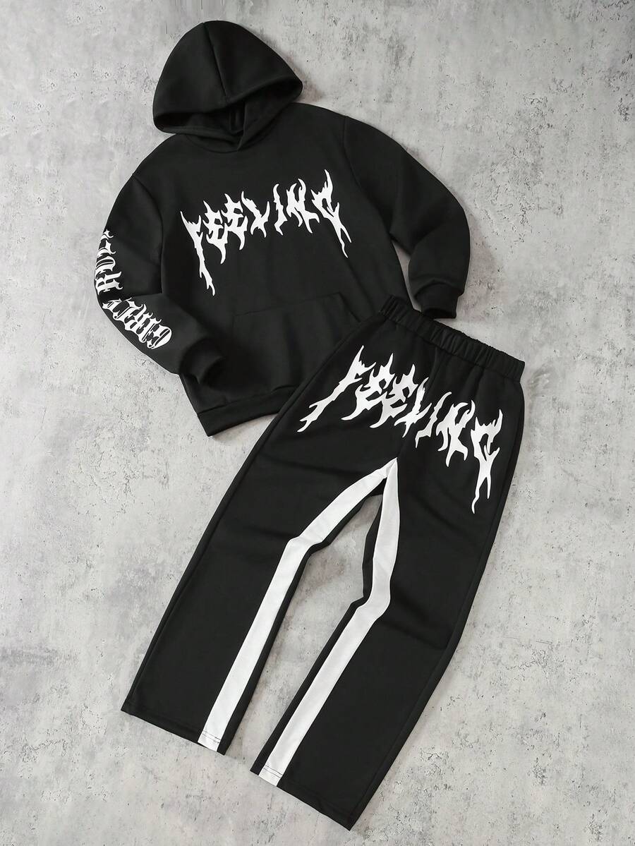 Coolqubz 2pcs/Set Teen Boy Minimalist Letter Graphic Print Pouch Hoodie And Contrast Letter Print Straight Leg Casual Pants, Black Base With White Pattern, Fashionable And Comfortable, Showcasing Vibrancy,Unisex - Black - View 1