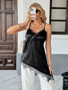 Pariaura Damen Sexy Spitzen-Camisole Top, Satin Twist asymmetrischer Saum Crop Top, vielseitiges Layering-Piece - Schwarz - Übersicht 3