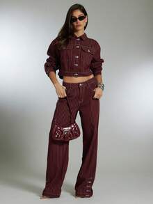 Denimoi Quần Jeans Denim Ống Thẳng, Xẻ Tà, Thời Trang Đường Phố, Quần Jeans Denim Trên Quần Denim Mùa Đông - Màu Đỏ Sâu - Xem 3