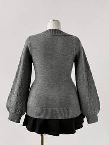 Sunspun 大码女式休闲U领心形纽扣装饰长袖修身套头毛衣 - 深灰色 - 查看 2