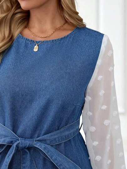 SHEIN Maternity Patchwork Round Neck Belted Casual Long Sleeve Denim Dress Winter Christmas New Year Thanksgiving Commuting Vacation Graduation Chic Y2k Cute Streetwear Party Wedding Elegant Business Casual Woman Casual Denim Dress Round Neck With Mesh Lantern Sleeves And Adjustable Waist Belt Christmas Maternity Dress Lace Denim Maternity Dress New Year Gathering Maternity Dress