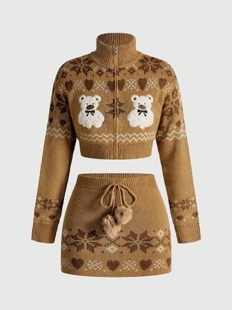 Kawaii Ensemble 2 pièces femme, pull col roulé court à motif jacquard ours mignon et mini-jupe tricotée taille très basse