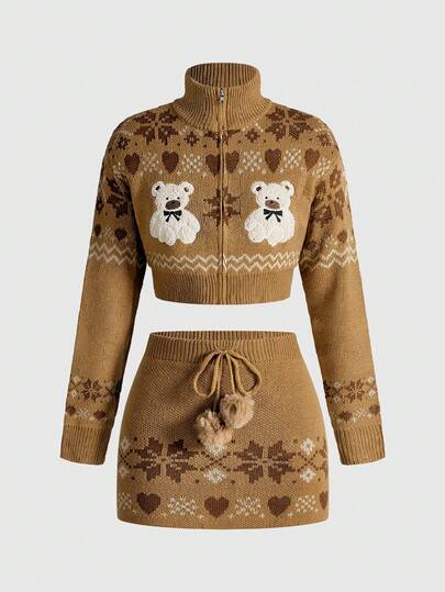Kawaii Women's Cute Bear Fairisle Pattern Turtleneck Cropped Super Low Waist Mini Skirt Knit 2 Pieces Set