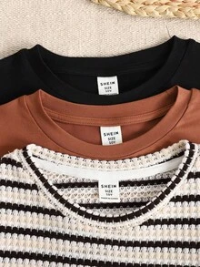 SHEIN 3pcs Tween Girls' Slim Fit Casual Comfortable Round Neck Tight Long Sleeve T-Shirt Set - Multicolor - View 4