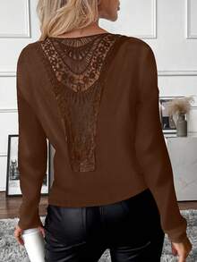 EMERY ROSE Women's Elegant Commuter Solid Color Lace Patchwork T-Shirt, Autumn