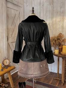Wildy Solid Color Long Sleeve Casual PU Patchwork Waisted Jacket With Drawstring In Fall/Winter - Black - View 2