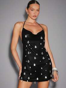 Hauture 女士性感透明水蓝色雪纺水晶吊坠装饰牛领迷你连衣裙 - 黑色 - 查看 4