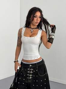 StreetHx Women's Fashionable Metal Decor White Tank Top - White - View 3