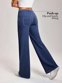 Flexra Plus Size Women Elastic Waist Pockets Wide Leg Loose Casual Jeans - Dark Wash - View 2