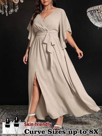 SHEIN CURVE+ Plusstorlek damklänning i enfärgad, åtsittande, v-ringad, utsvängd ärm, knyt i midjan, rynkad slits, elegant festklänning