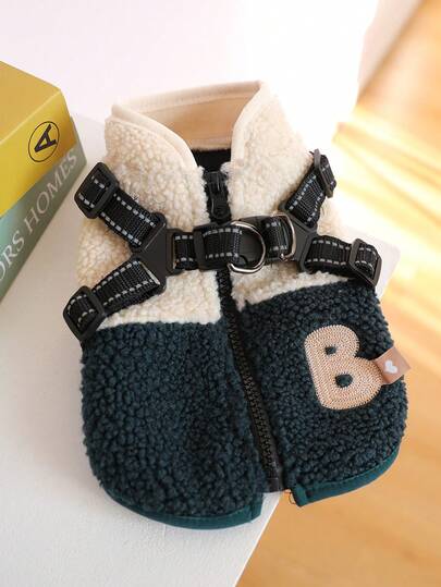 PETSIN 1件宠物服装，猫狗通用款，时尚加厚绿白撞色背心，带防滑扣，冬季保暖外套