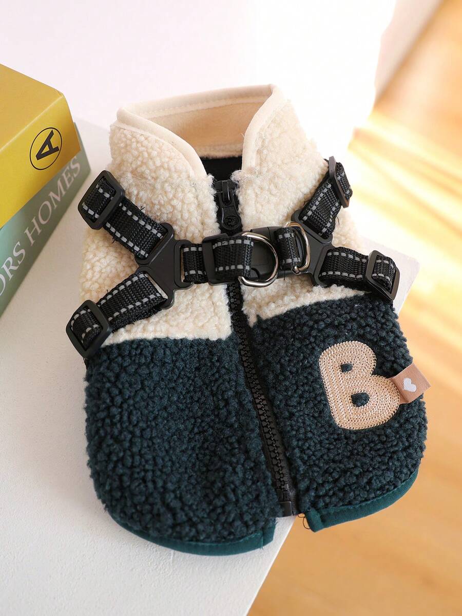 PETSIN 1件宠物服装，猫狗通用款，时尚加厚绿白撞色背心，带防滑扣，冬季保暖外套