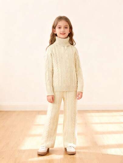 SHEIN Tween Girls Sweater Sets, Featuring Turtleneck, Textured Knit, Polka Dot Pattern Pullover Sweater And Straight Leg Knit Pants, Comfortable For Casual Wear And Simple Outfitting In Autumn/Winter