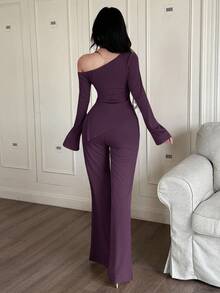 Feyla 2pcs Women's Elegant 3D Floral Oblique Shoulder Flare Sleeve Top And Pants Set, Autumn - Purple - View 3