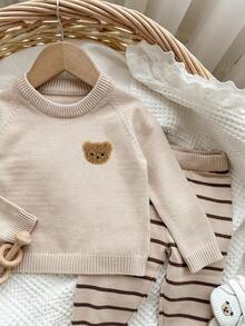 SHEIN 2件套婴儿男女童可爱提花卡通动物图案针织柔软圆领长袖毛衣和裤子套装，秋冬季 - 卡其色 - 查看 7