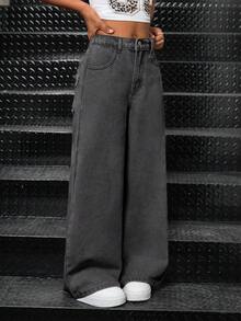 SHEIN Quần jean ống rộng đơn sắc, thường ngày, đa năng dành cho bé gái tuổi teen - Xám - Xem 3