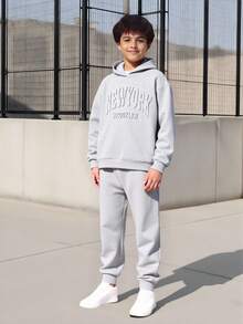 Tween Boy 2pcs Set Casual Hoodie And Sweatpants, Knit Fabric, Autumn/Winter, School, Campus, College