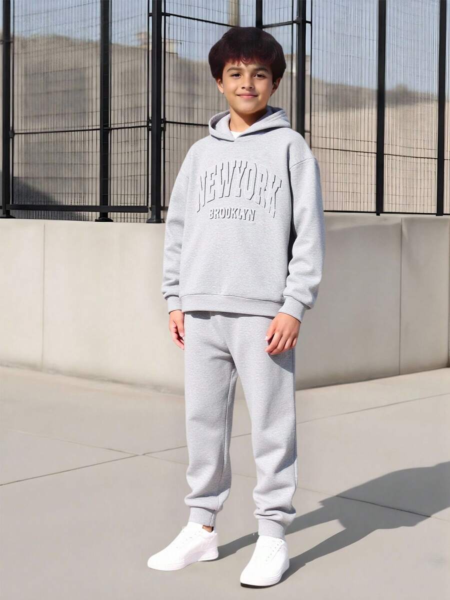 Tween Boy 2pcs Set Casual Hoodie And Sweatpants, Knit Fabric, Autumn/Winter, School, Campus, College