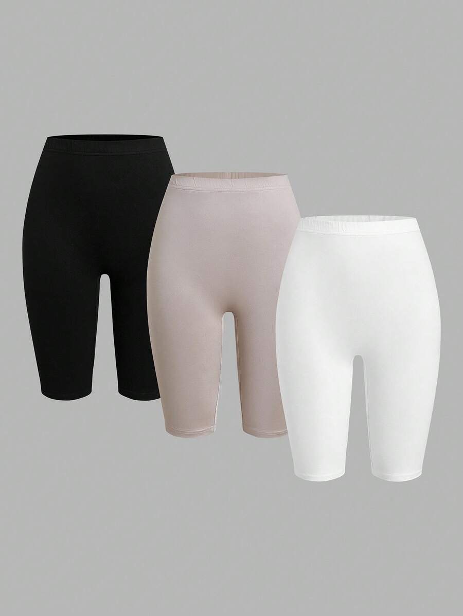 SHEIN EZwear 3件套女士休闲针织紧身短款打底裤,夏季骑行短裤,女士骑行短裤套装,高腰骑行短裤,运动短裤,女士骑行短裤 - 彩色 - 查看 1