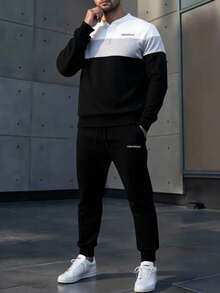 Manfinity CasualCool 男士秋冬拼接长袖上衣和裤子套装，黑白灰拼接，半开襟纽扣设计，简约字母印花，男士慢跑服，男士运动套装，男士两件套运动服，男士慢跑套装，男士黑白套装，复古风格，日常休闲，周末旅行，户外活动，探险旅行，轻松的工作环境或半正式场合，男友/丈夫礼物，周年纪念礼物，圣诞节服装 - 彩色 - 查看 8