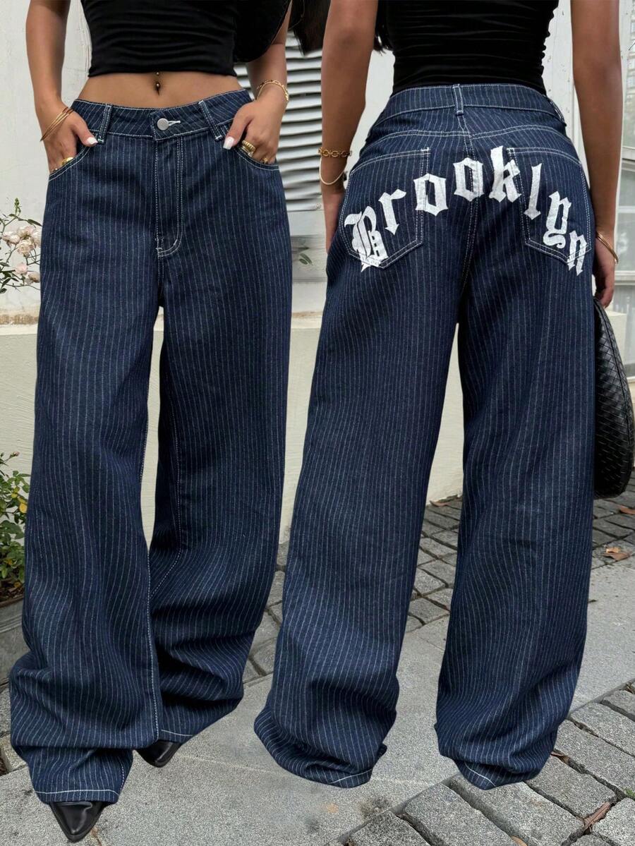 SHEIN PETITE Women's Four-Season Dark-Wash Vertical-Stripe Denim Brooklyn Print Commuter Streetwear Casual Versatile Low-Rise Straight-Leg Jeans - Dark Wash - View 1